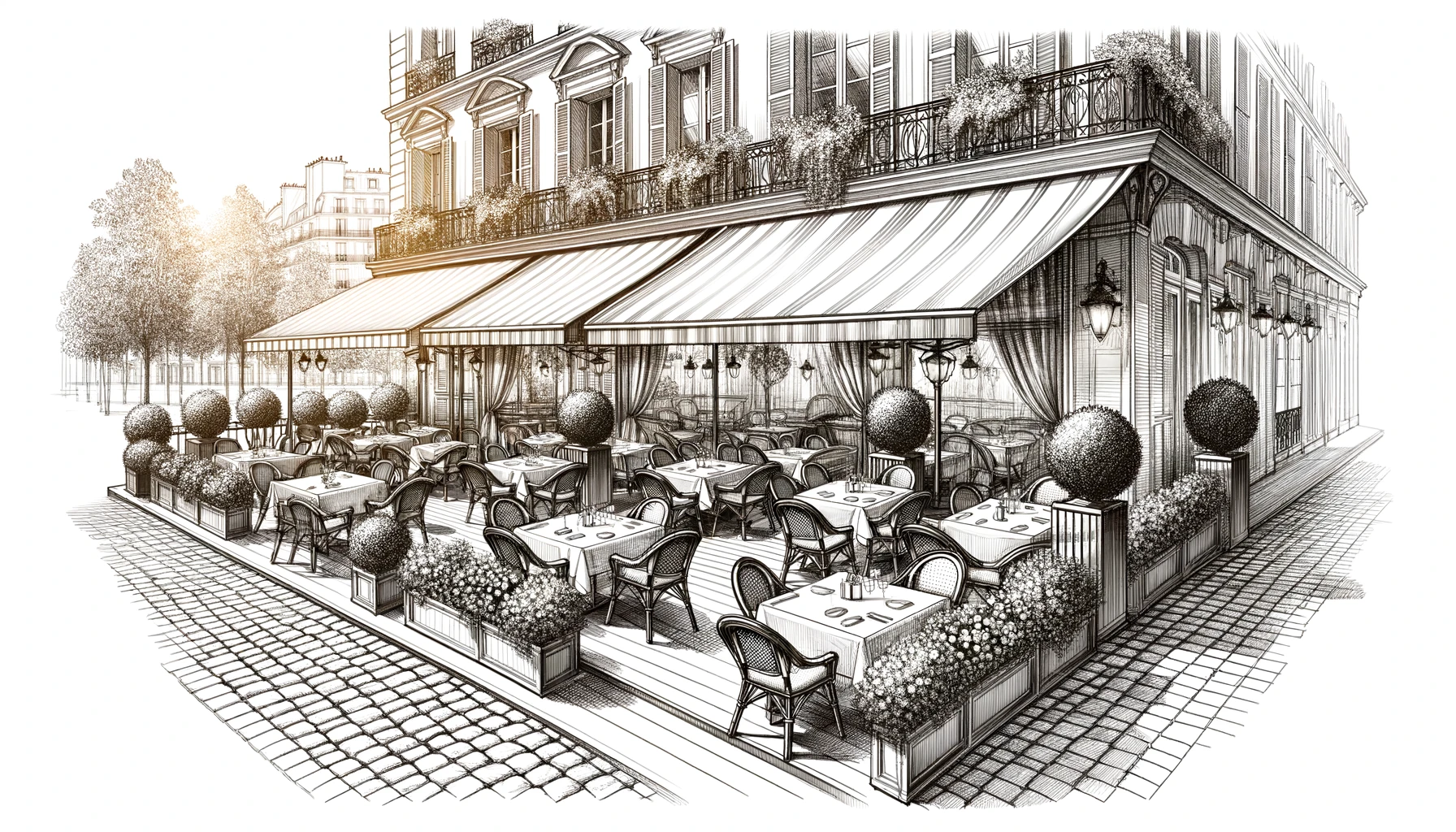 DALL·E 2024-05-03 14.10.03 - A wide landscape sketch-style architectural drawing of a full-coverage restaurant blind on a Parisian terrace. The drawing should feature the entire t